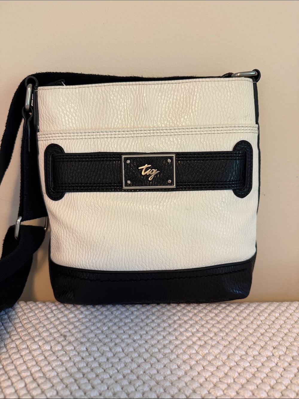 Tignanello White and Black Pebbled Leather Crossbody
